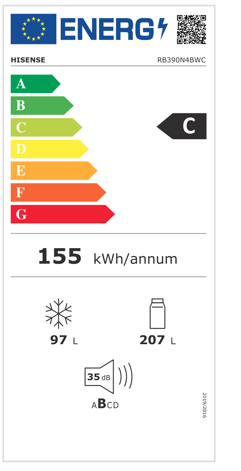 HISENSE RB390N4BWC vrijstaande koel-/vriescombinatie - 186cm