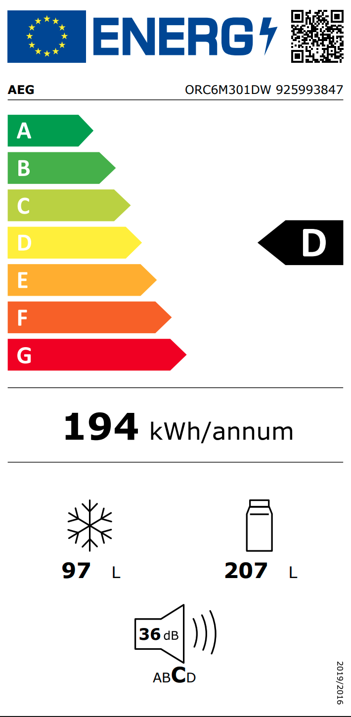 AEG ORC6M301DW vrijstaande koel-/vriescombinatie - 186cm